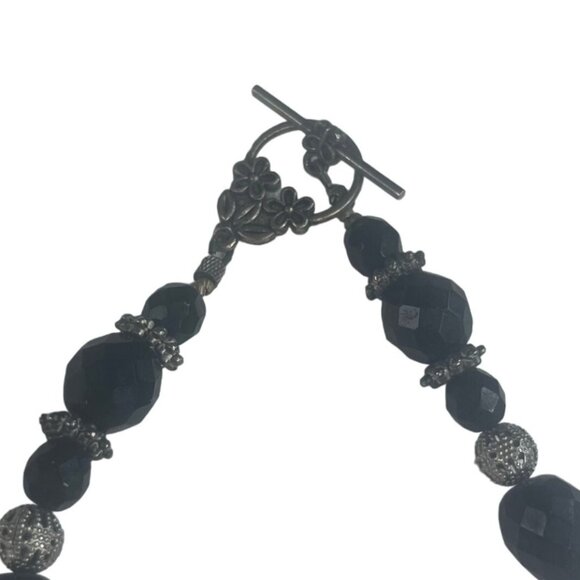 Beaded Necklace With Black Faceted Beads & Silver Accents 18" - Picture 4 of 4